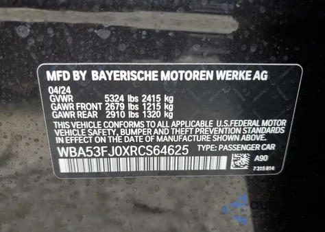 2024 BMW 530 Xi from USA, damaged, VIN WBA53FJ0XRCS64625